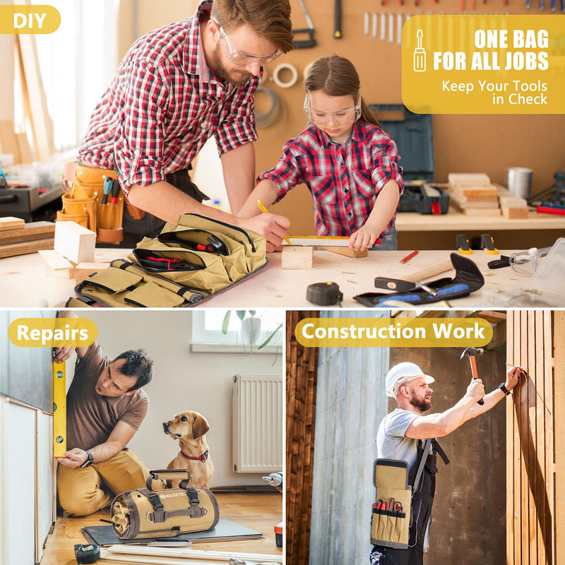 Roll Up Tool Bag-Gifts For Men Dad Husbands Him, Father's Day Birthday Gifts For Men, Heavy Duty Tool Organizer Bag With 2 Detachable Pouches &Wrench Roll Mechanic Carpenter (Khaki) Khaki