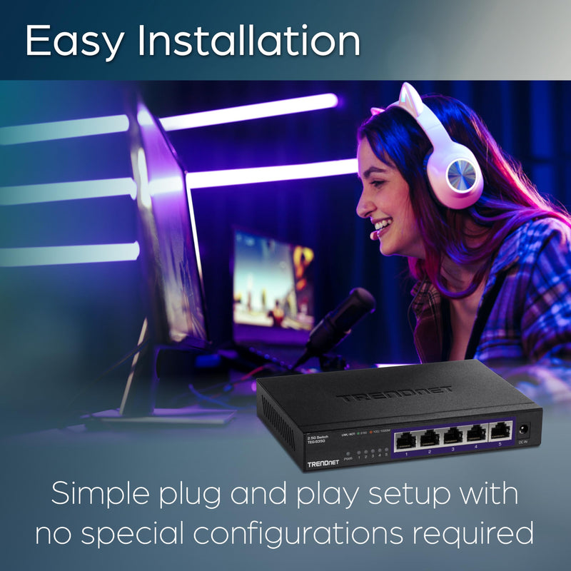 TRENDnet 5-Port Unmanaged 2.5G Gaming Switch, TEG-S350, 5 x 2.5GBASE-T Ports, 25Gbps Switching Capacity, Ethernet Splitter, NDAA & TAA Compliant, Fanless, Wall Mountable, Lifetime Protection, Black