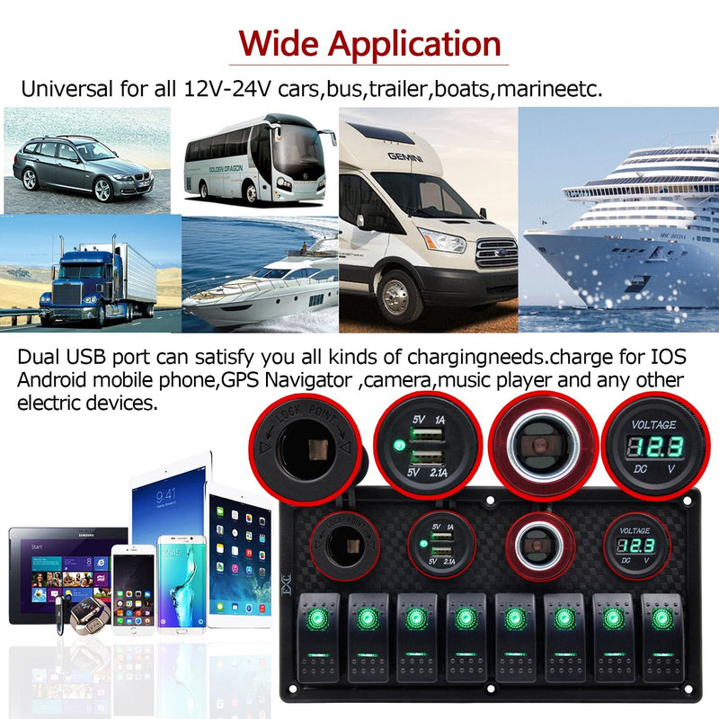 FXC Waterproof Marine Boat Rocker Switch Panel 8 Gang with Dual USB Slot Socket + Cigarette Lighter and Adapter + Digital Voltage Display LED Light for Car Rv Vehicles Truck (8 Gang Green Light)