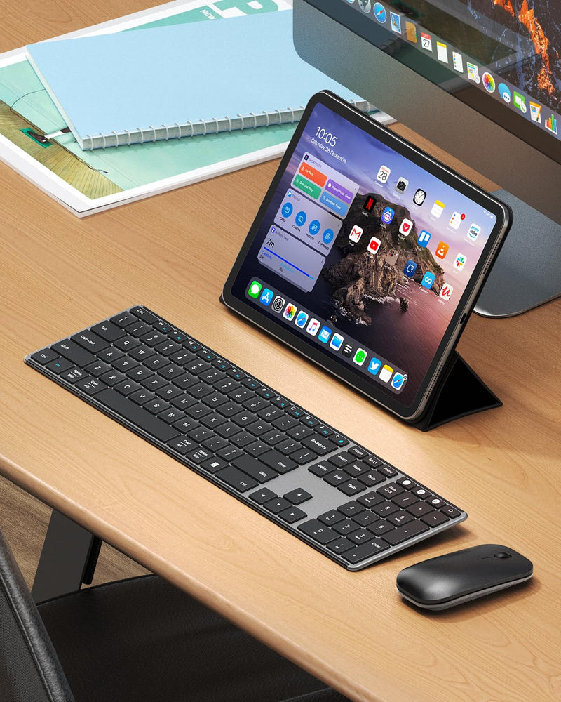 Wireless Bluetooth Keyboard and Mouse Combo (USB + Dual BT), seenda Multi-Device Rechargeable Slim Keyboard and Mouse, Compatible for Win 7/8/10, MacBook Pro/Air, iPad, Tablet - Black Gray
