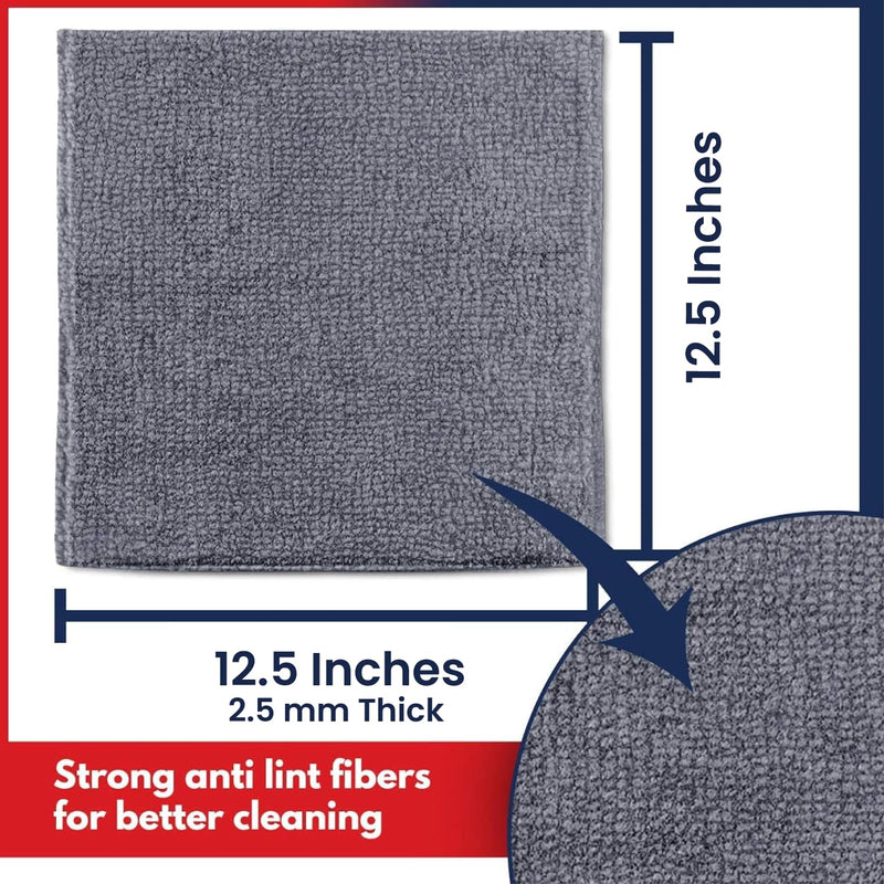 Microfiber Cleaning Cloth Grey - 12 Pcs (12.5"x12.5") - High Performance - 1200 Washes, Ultra Absorbent Microfiber Towel Weave Grime & Liquid for Streak-Free Mirror Shine - Car Washing Cloth Gray