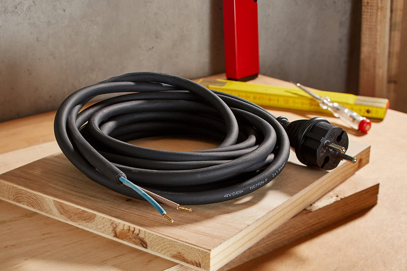 as - Schwabe rubber connecting cable 5 m - connecting cable 230 V / 16 A, H07RN-F 2x1.5 - protective contact plug with cable - power cable with wire end sleeves - IP44 I 70558 5 m H07RN-F 2x1.5