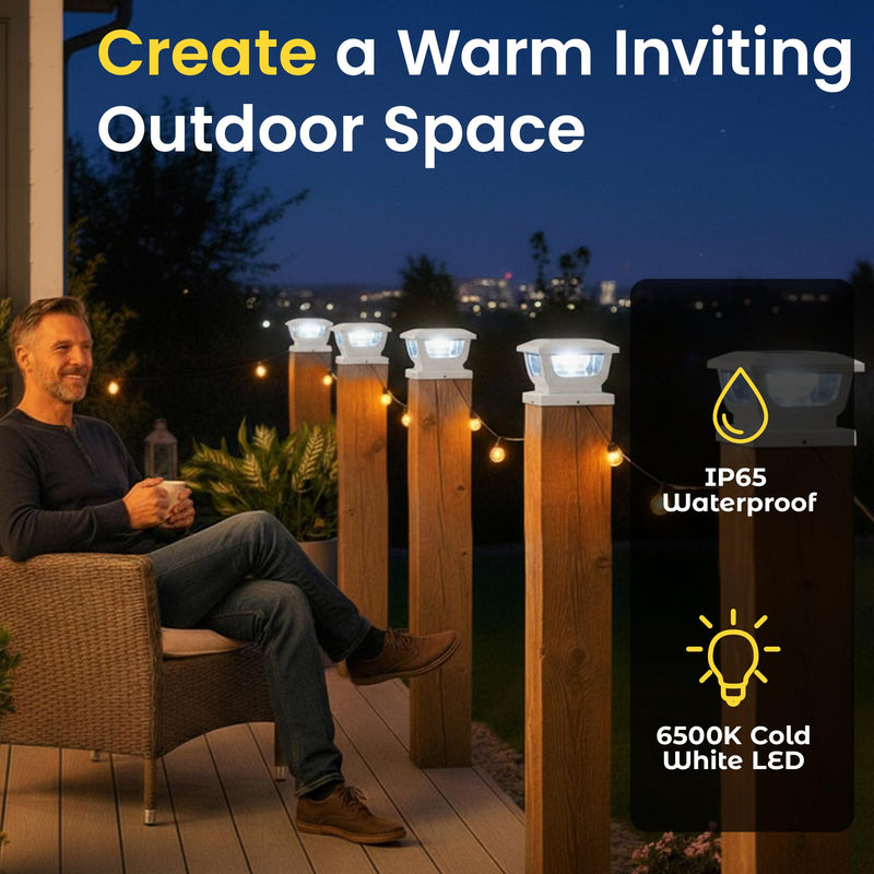 BRIGHTICONIC Solar Post Cap Lights Outdoor for 4x4, 3x3 – Auto On/Off Post Lights Solar Powered – Easy Install, IP65 Waterproof Deck & Fence Lights – Efficient 1500mAh Battery – 120 Lumen, Cool White White / Cool White 6000K - 2