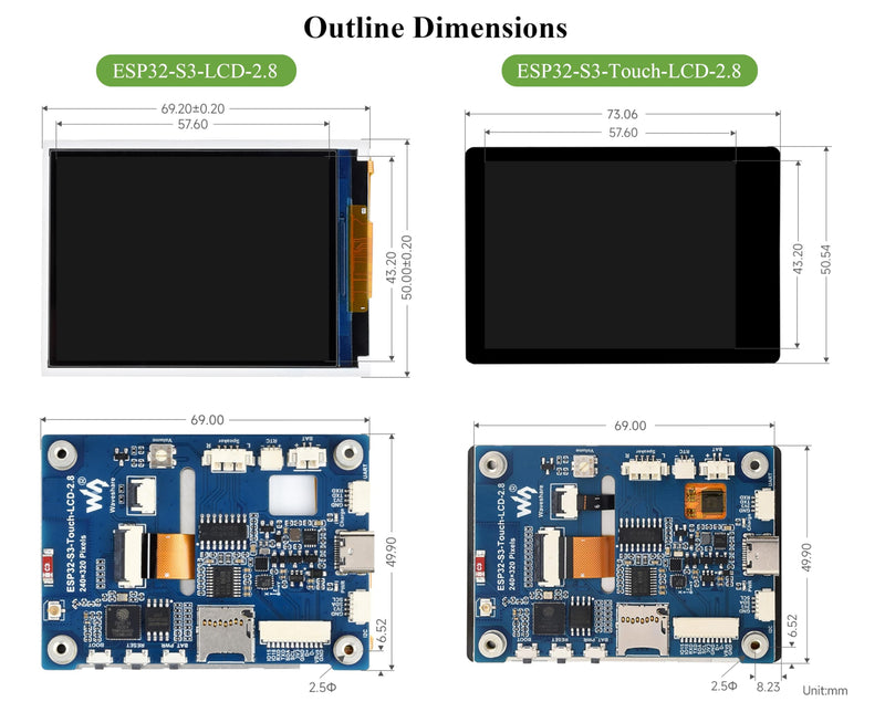 ESP32-S3 2.8inch Display Development Board, Onboard 2.8inch IPS LCD240×320 Resolution, 32-bit LX7 Dual-Core Processor, Up to 240MHz Frequency, Supports WiFi & Bluetooth, with Onboard Antenna