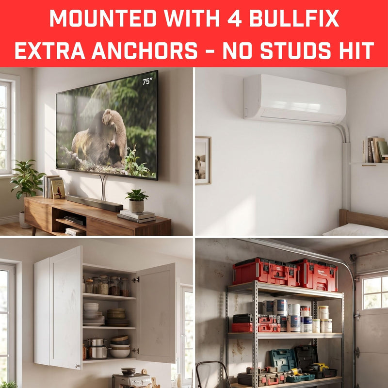 Bullfix Extra Drywall Anchors 24 Pack - Holds 293lbs, Patented Wing Design, Heavy Duty Anchors for Stud Walls, Flat & Tilt TV Mounts, AC Units, Kitchen Cabinets, Mirrors with Drill Bit Kit
