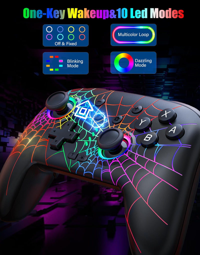 RJAD Switch Controllers for Nitendo Switch/OLED/Lite, Wireless Switch Pro Controller with 10 Colors Light, 1000mAh Rechargeable Switch Turbo Control with Vibration, 6-Axis Gyro, Turbo, Wake Up