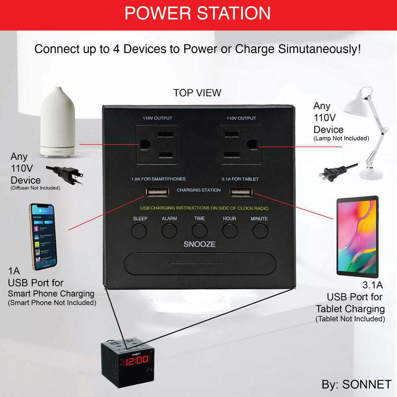 Sonnet Alarm Clock Charging Station, Bluetooth Speaker, AM FM Radio, Dual USB Charging Ports, Dual AC Outlets, Very Loud Alarm Clock for Heavy Sleepers and The Hearing Impaired for Desk, Bedroom R1415BT-BLUETOOTH