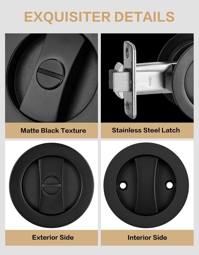 Pocket Door Hardware Black, Pocket Door Lock, Pocket Door Latch, Matte Black Contemporary Sliding Pocket Door with Privacy Lock for Bathroom & Bedroom (1 Pack, Round) 1 Pack Matte Black (Round)