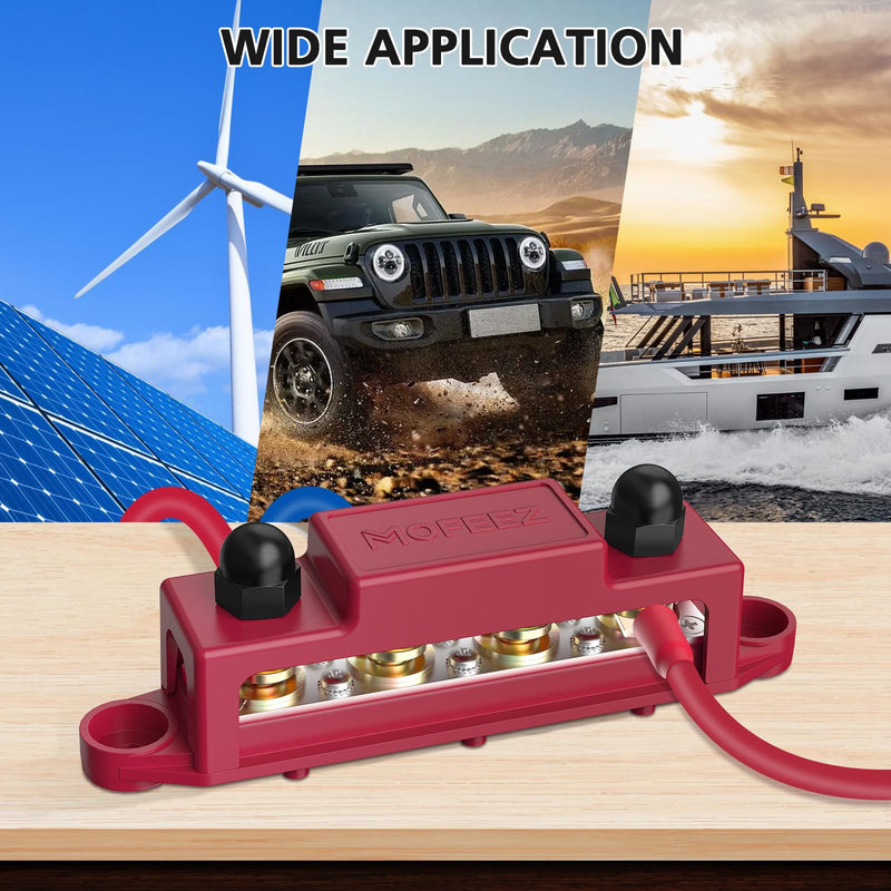 MOFEEZ Power Distribution Block Bus Bar, 4 x 3/8" Post Marine Bus Bar Battery Busbar Terminal Block with Cover, Lugs, Ring Terminals (Pair, Red & Black) 4 x 3/8" with copper lug