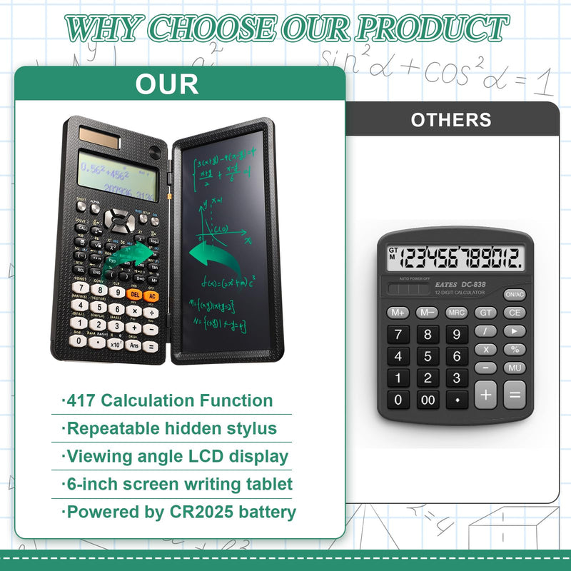 Scientific Calculators with LCD Writing Tablet for Back to School Solar Powered Calculator Small Math Calculator with Notepad for Middle High School Student