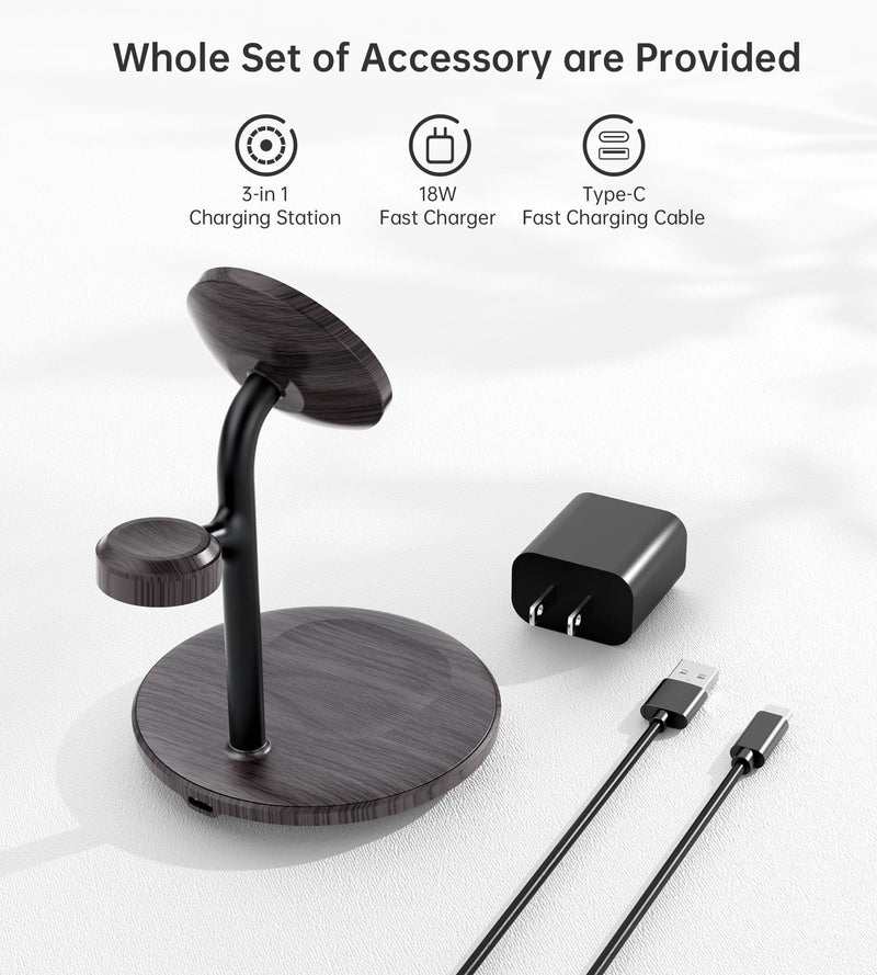 XooFly 3 in 1 Wireless Charging Station for Apple Devices, Fast Wireless Mag-Safe Charger Stand with 20W Adapter for iPhone 17/16 15 14 13 12 Pro Max/Pro/Plus/Air/Mini,iWatch,AirPods(Black Wood Grain) Black Woodgrain