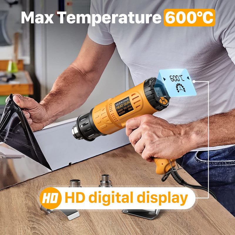 SEEKONE Professional hot air gun 2000W 50℃-600℃ with large digital LCD screen, industrial hot air gun set variable temperature control, switch-on memory, ℃-℉ conversion