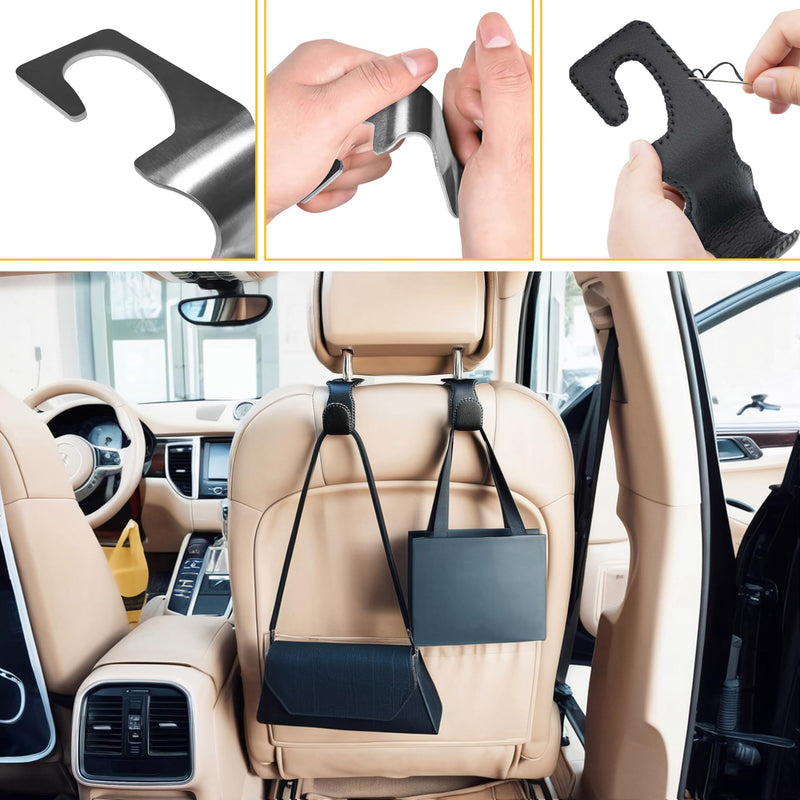 Headrest Hooks for Purses and Bags, 2 Pack Car Seat Hooks for Grocery Bag Handbag, Metal Car Purse Holder Covered by Leather, Black