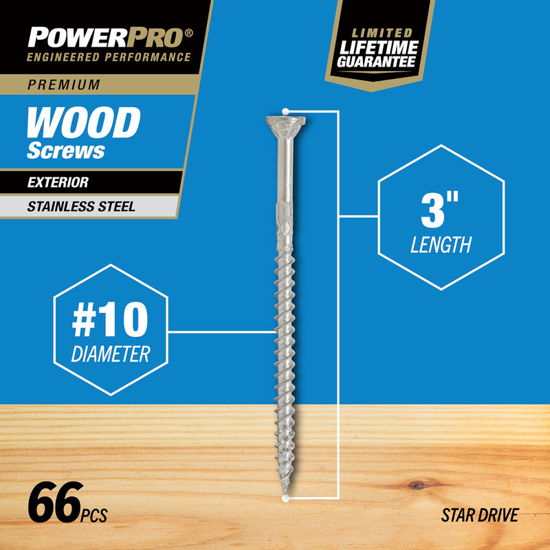 Power Pro Premium Exterior Wood Screws, #10 x 3 Inch All-Purpose Deck Screws for Outdoor Projects, T-25 Star Bit Included, Silver, 66 Pieces | 48623V4 #10 x 3"
