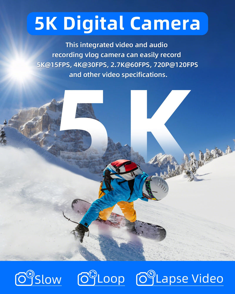 T TAKMLY Digital Camera 5K, Autofocus 16x Zoom 72MP Point and Shoot Cameras Compact Portable with Flash for Boys Girls Teens Students, Anti Shake 2.8'' Screen, 64GB Card Include, White