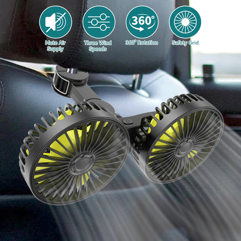 Car Fan for Rear Seat Passenger Dual Head USB Car Seat Fan for Backseat Kids, 360° Rotatable 3 Speeds Air Circulation Fan for Baby, USB Car Fan with Adjustable Clip for Vehicles SUV RV Vehicles USB Backseat Fan