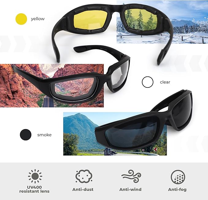 3 Pairs Motorcycle Riding Glasses Foam Padded Eyewear Goggles UV Protection Anti-Wind Dustproof Motorcycle Sunglasses for Outdoor Activities Sports-Clear Yellow Smoke
