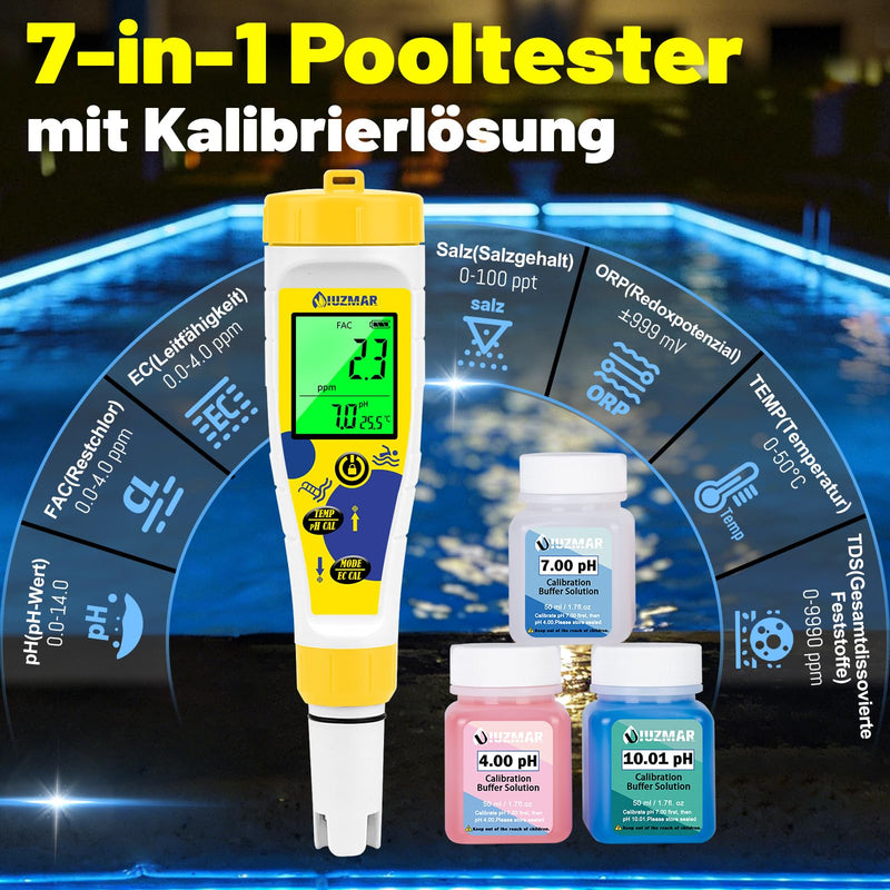 UIUZMAR Digital pH and Chlorine Meter Pool, 7-in-1 pH Salt Tester for Spa | Multifunctional pH salt content EC TDS ORP meter with simultaneous display for whirlpool, swimming pool, hydroponics yellow