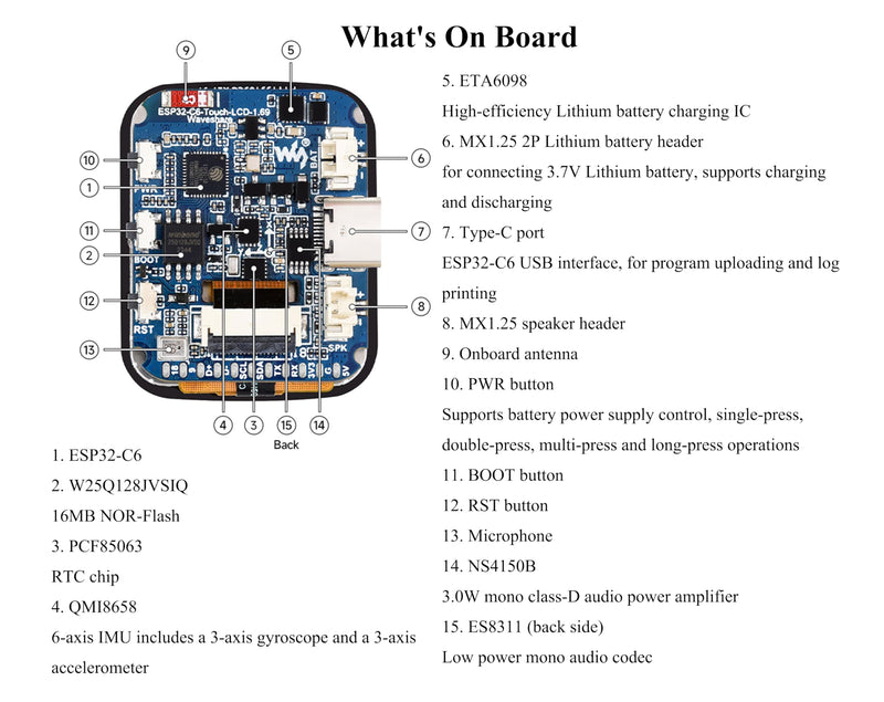 ESP32-C6 1.69inch Touch Display Development Board, 240x280 262K IPS LCD, Supports Wi-Fi 6 / BLE 5, 160MHz RISC-V Processor, ESP32 with Display, AI Speech, Support AI Voice Interaction, with Speaker
