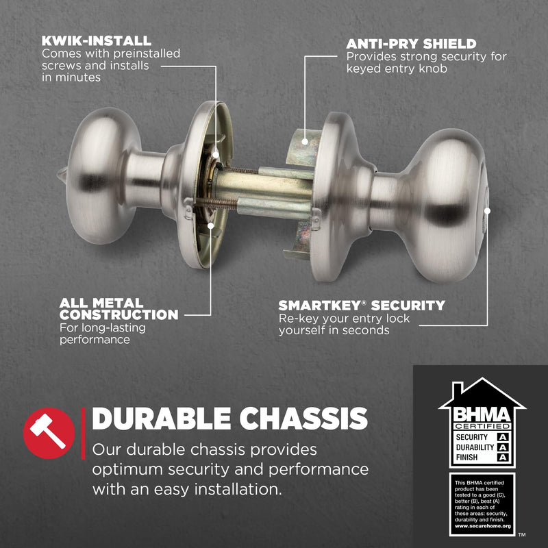Kwikset Juno Entry Door Knob with Lock and Key, Secure Keyed Handle Exterior, Front Entrance and Bedroom, Satin Nickel, Pick Resistant SmartKey Rekey Security and Microban, 2 1 Pack Keyed Entry