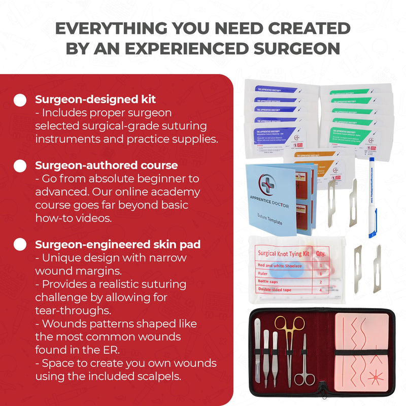 Suture Kit for Medical Students (Left Handed) + Access to The Apprentice Academy's in-Depth Online Suturing Course. Course & Practice Kit Designed by an Experienced Surgeon Left-handed