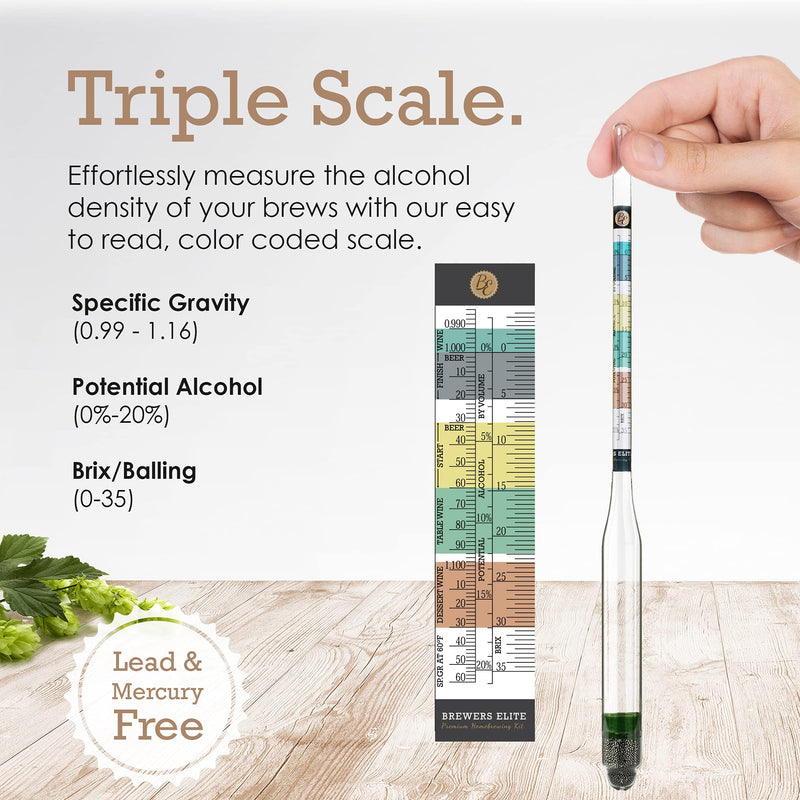 Brewer's Elite Hydrometer - for Home Brew Beer, Wine, Mead and Kombucha - Deluxe Triple Scale Set, Hardcase and Cloth - Specific Gravity ABV Tester (Hydrometer & Glass Test Jar Kit) Hydrometer & Glass Test Jar Kit