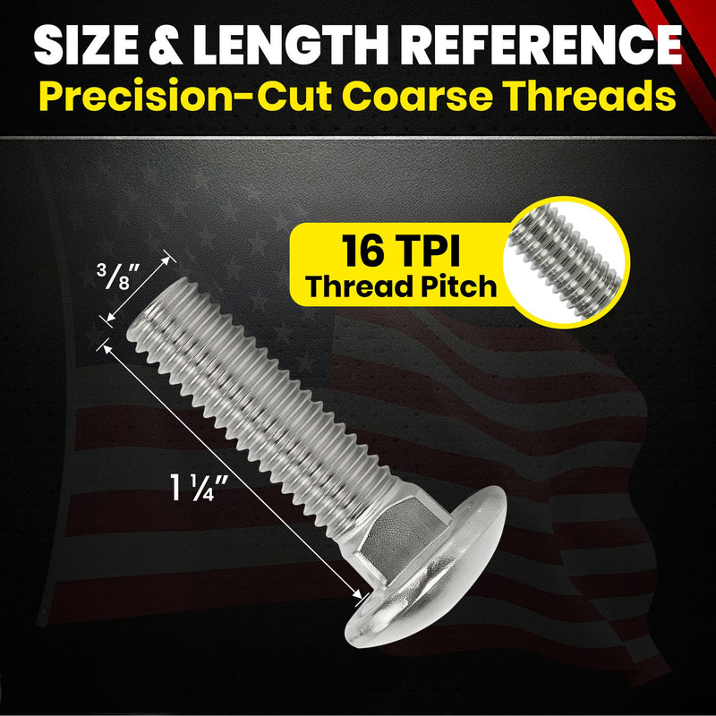Chenango Supply 3/8-16 x 1-1/4 Inch Stainless Steel Carriage Bolts – 18-8 (300 Series) Stainless, Round Head Square Neck, USS Coarse Thread, Corrosion-Resistant Fasteners (25 Pack, 3/8-16 x 1.25) 3/8-16x1-1/4"(25pcs)