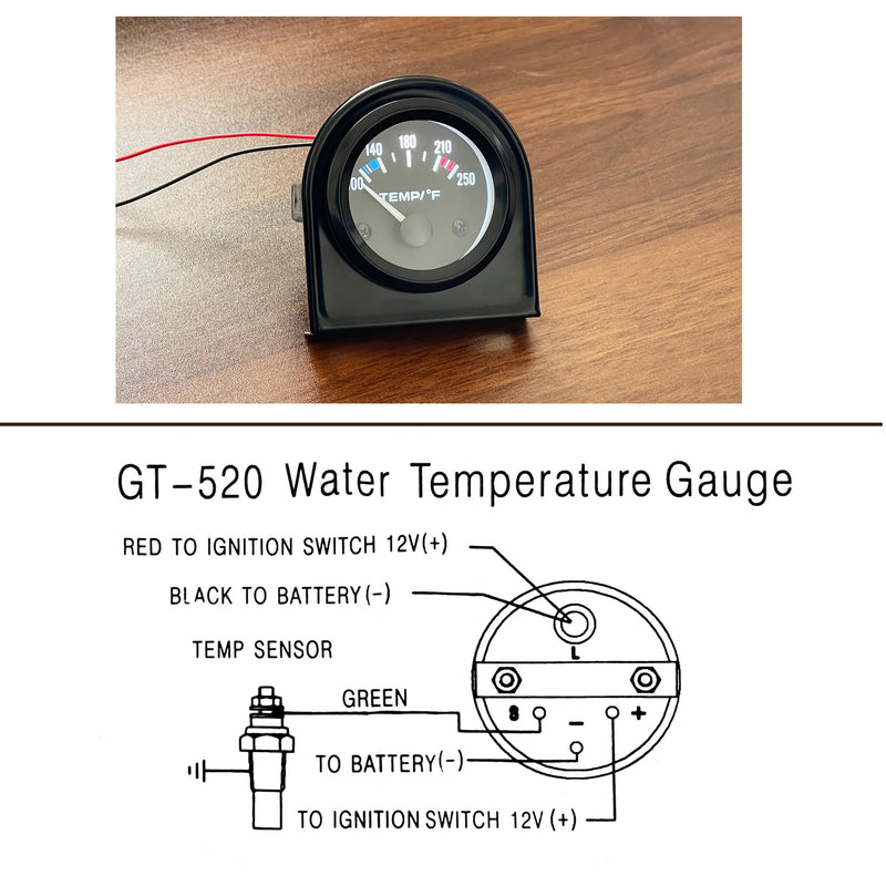 2" Water Temperature Gauge 52mm 12V Water Temp Meter 100-250 Fahrenheit White LED Light Display with Temperature Sensor