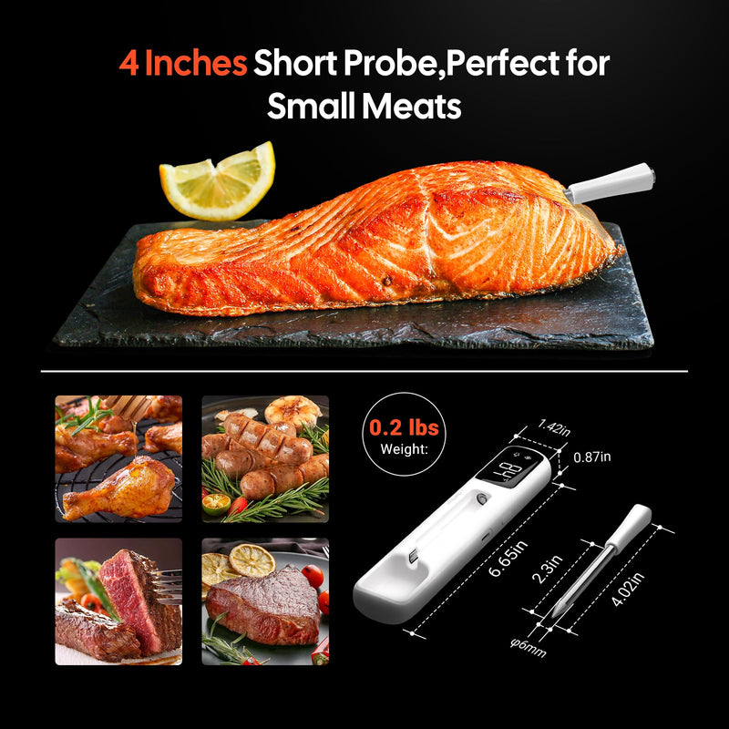 Wireless Meat Thermometer Digital with Clear White LED Display,1000ft Bluetooth 5.4 Meat Thermometer, 4 inches Short Smart Food Thermometer Probe for BBQ, Grill, Rotisserie