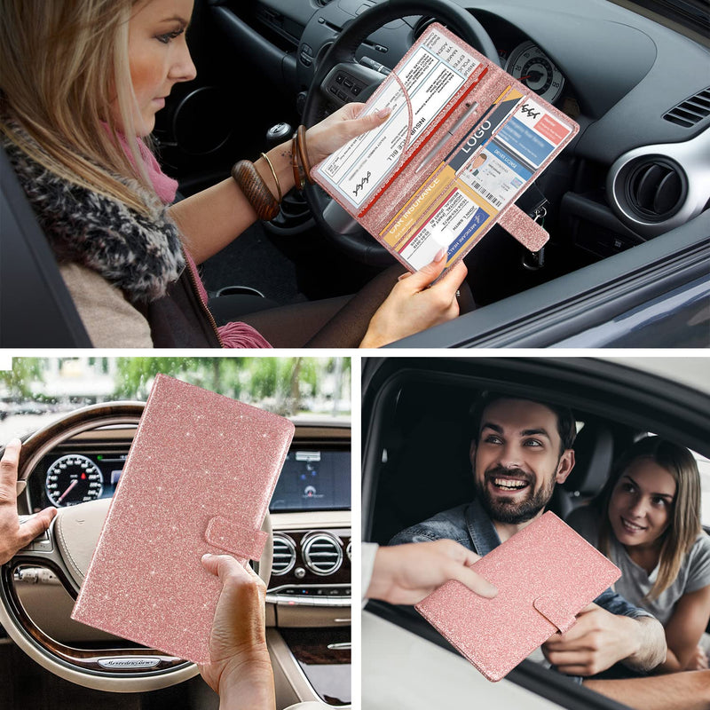 DMLuna Car Registration and Insurance Holder, Leather Vehicle Card Document Glove Box Organizer, Auto Truck Compartment Accessories for Essential Information, Driver License Cards, Glitter Rose *Magnetic Closure *Glitter Rose