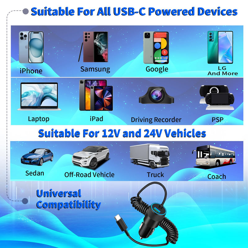 【MFi Certified】iPhone 15 Car Charger Fast Charging, Braveridge 75W USB-C PD&QC Car Power Cigarette Lighter USB Car Charger + 6FT Type-C Coiled Cable for iPhone 15 Pro/15 Pro Max, Galaxy S24/S23, Pixel Platinum Black(75W PD+QC3.0)