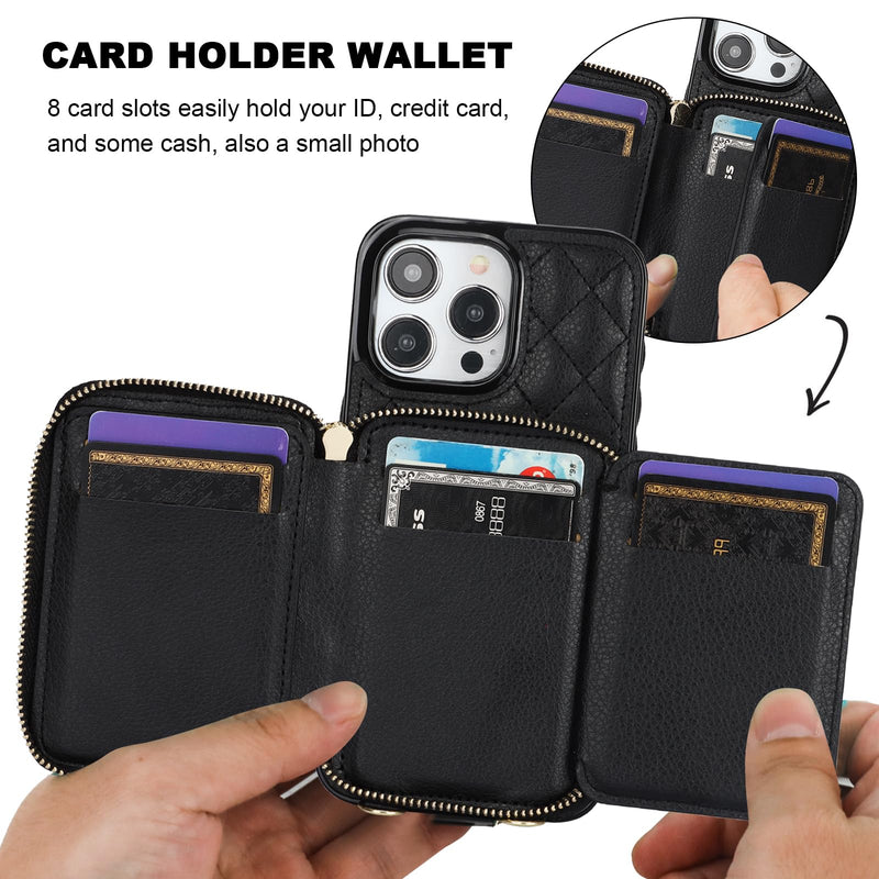 Bocasal Crossbody Wallet Case for iPhone 15 Pro Max, RFID Blocking PU Leather Zipper Handbag Purse Flip Cover, Kickstand Folio Case with Card Slots Holder Wrist Strap Lanyard 5G 6.7 Inch (Black) Black