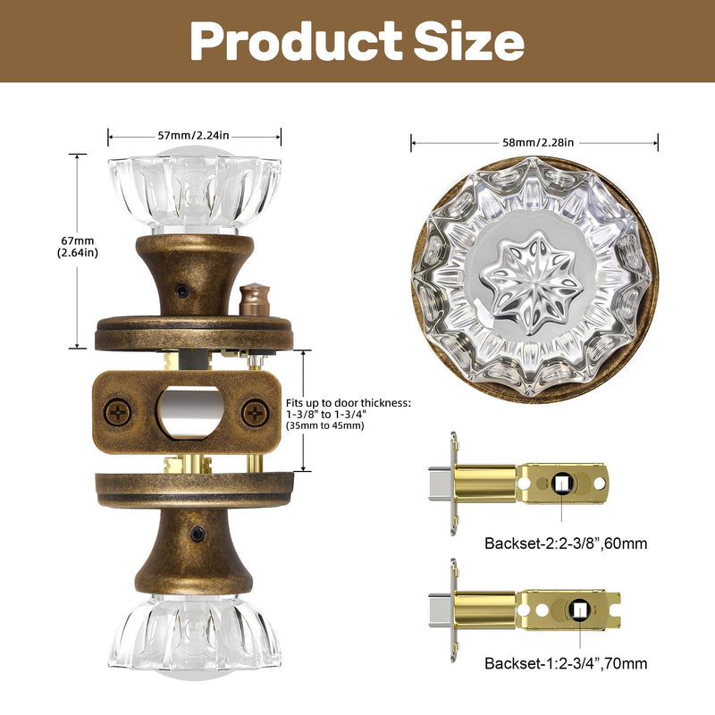 Antique Brass Door Knobs Crystal Door Knob Interior, Privacy Door Knob for Bedroom and Bathroom Glass Door Knob,Push Button Lock Privacy 1Pack Aged Bronze