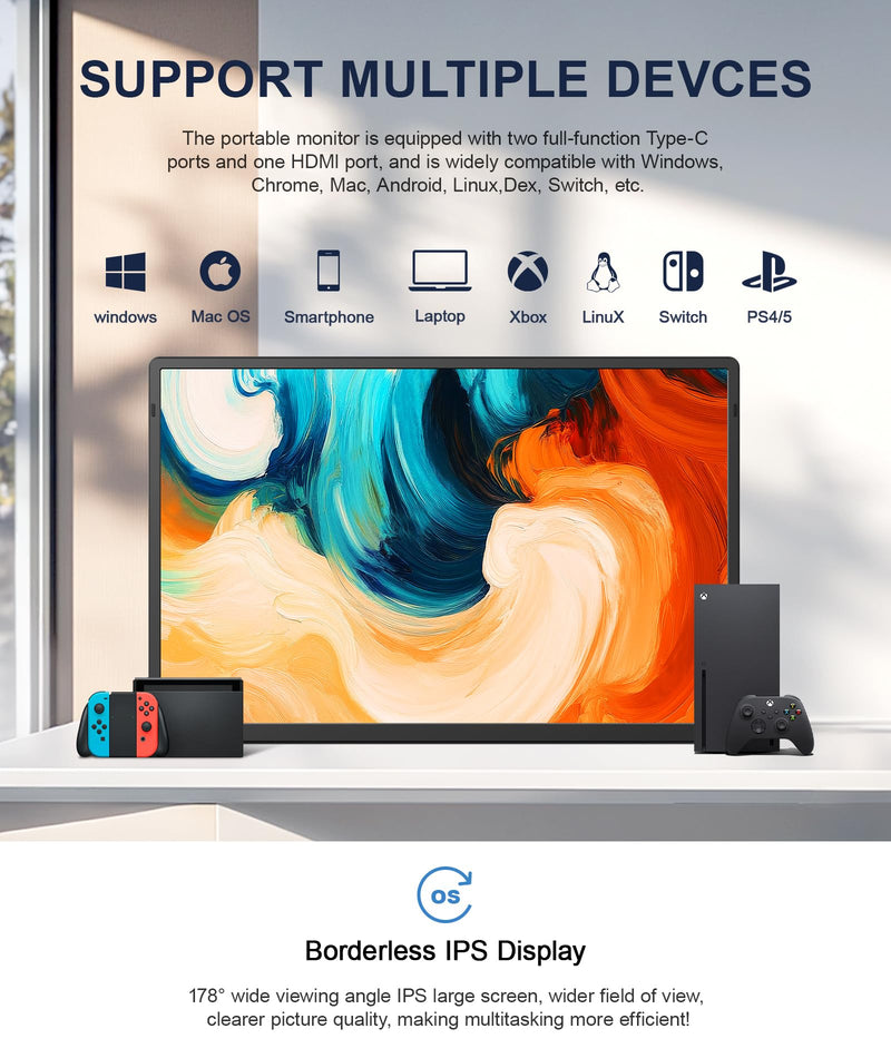 16.1" Portable Monitor, 1200P FHD Laptop Screen Extender, 360° Rotating Detachable Stand, Plug&Play Dual Monitor, Ultra-Thin Zero Frame Portable Screen for Laptop/PC/Mac/Windows/PS5
