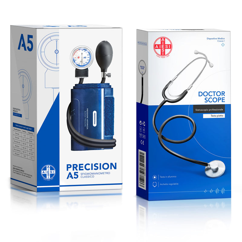 AIESI Professional Manual Aneroid Sphygmomanometer classic type for adults with stethoscope DOCTOR PRECISION - Arm blood pressure meter kit with phonendoscope