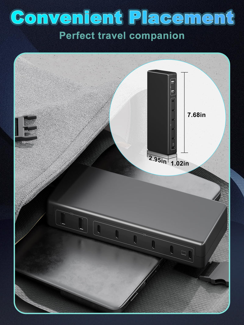 Charging Station for Multiple Devices, 200W 8 Ports Charger Station with Powerful 20W PD USB-C Ports, Fast 65W for MacBook Pro/Air, 2 USB 5V/ 4.8A Charging Ports Compatible with iPhone iPad Y021