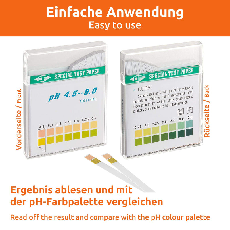 ECENCE pH test strips 100 pieces, litmus test paper, measuring range 4.5-9, indicator universal paper, acid test for aquariums, drinking water 100x PH 4.5-9