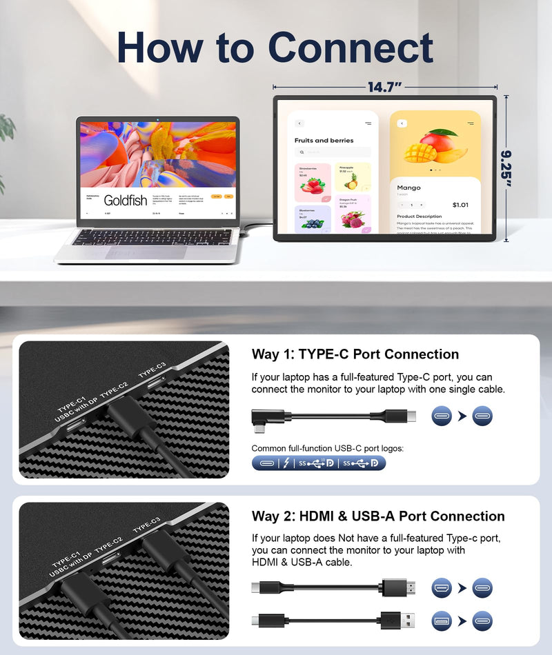 16.1" Portable Monitor, 1200P FHD Laptop Screen Extender, 360° Rotating Detachable Stand, Plug&Play Dual Monitor, Ultra-Thin Zero Frame Portable Screen for Laptop/PC/Mac/Windows/PS5