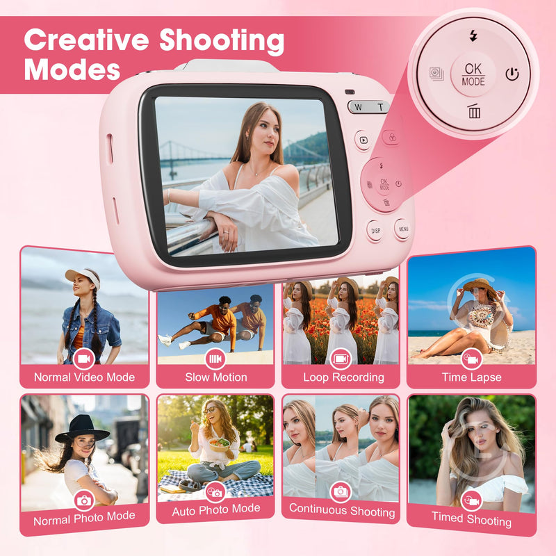 Digital Camera, 5K Vlogging Camera for Photography, 80MP Autofocus Point and Shoot Digital Camera for Beginner Teens Kids, 18X Zoom Portable Compact Travel Camera, Flash, 32GB Card & 2 Batteries(Pink)
