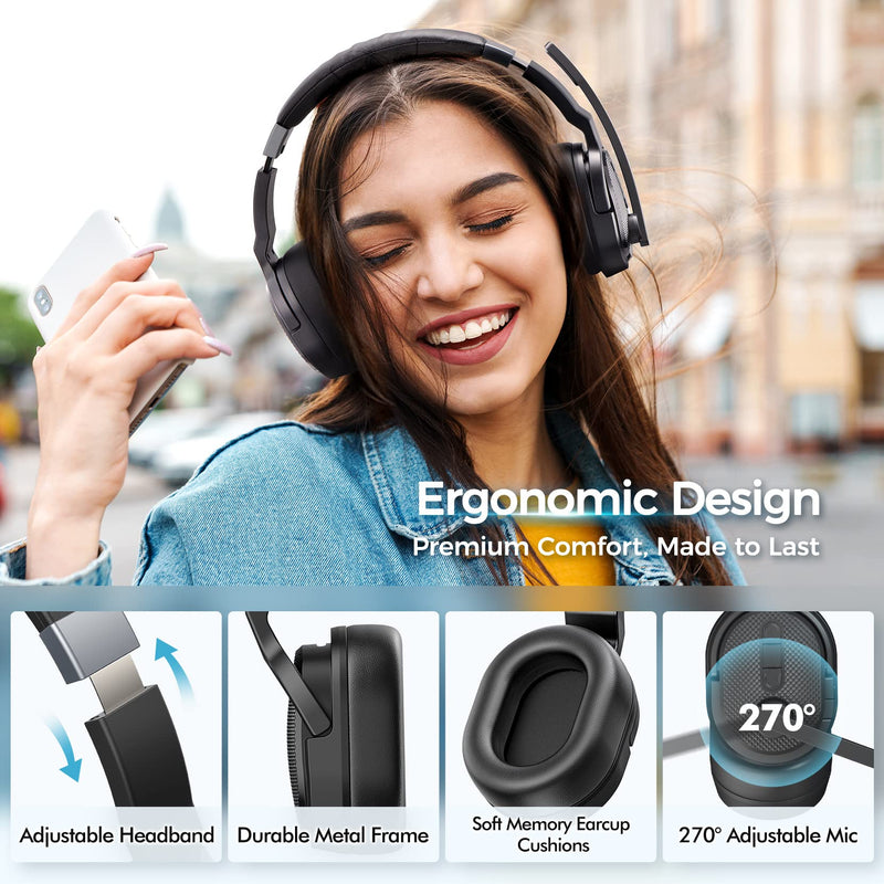 Trucker Bluetooth Headset with Dongle, Wireless Headsets with Noise Cancelling Microphone, 50+Hrs HD Talktime Bluetooth Headphones with Detachable Earpad/Single+Dual Mode for Office/Driving Black-Dongle