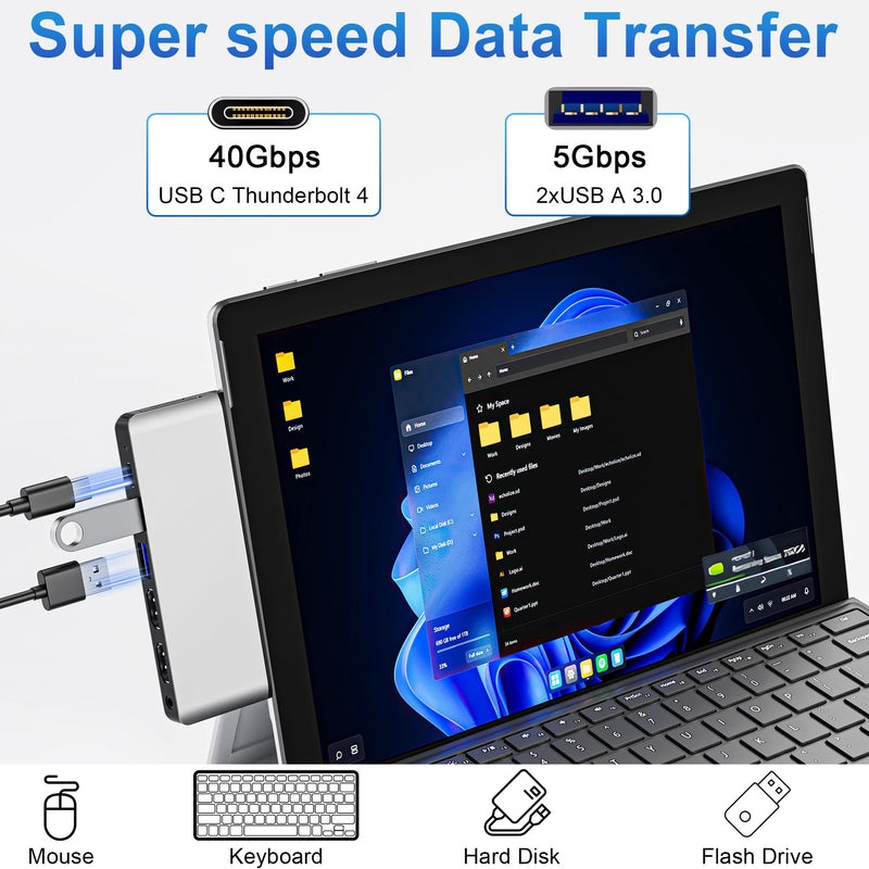 Surface Pro 9/10/11/X Docking Station, Quad Display Surface pro 11 USB Hub with Dual 4K@60Hz HDMI, USB-C (4K@60Hz Video+40Gbps Data+100W Charge), 2 USB3.0, SD/TF, 3.5mm Mic for Surface Pro 11/10/9/X For Surface Pro 9/10/11/X