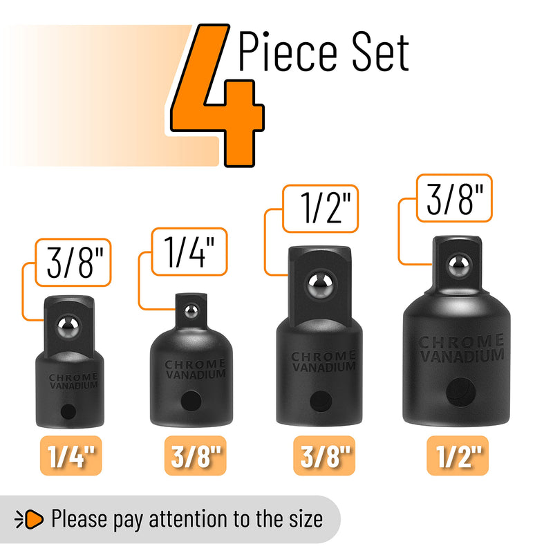 Bates- Impact Socket Adapter and Reducer Set, 4-pcs, Impact Sockets Adapter Sets, Impact Adapter, Socket Adapter Set, 1/2 to 3/8 Socket Adapter, 3/8 to 1/2 Socket Adapter, 3/8 to 1/4 Socket Adapter 4 pcs Black