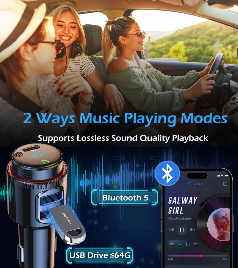 Car Bluetooth Adapter, Wireless FM Transmitter, USB C&QC3.0 Dual Fast Charging, Cigarette Lighter Radio Music, Supports Hands-Free Siri Google Assistant & USB Drive, HiFi Bass Sound