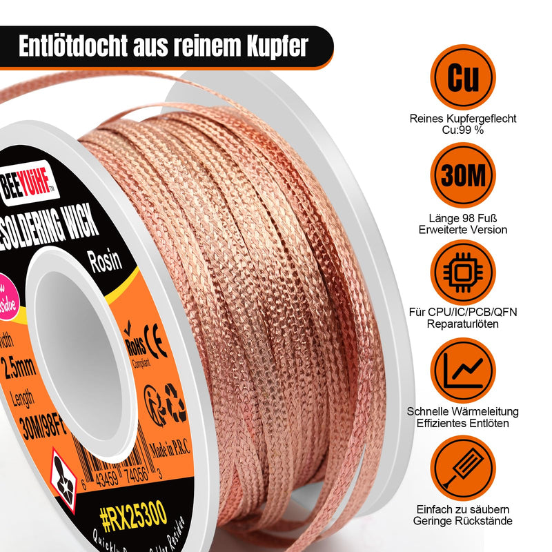 BEEYUIHF Desoldering Braid, 30M - 98ft Desoldering Wire, 2.5mm No-Clean Solder Desoldering Braid, Wicks Strands for Desoldering, Desoldering Wick for Removing Solder for Disassembling Electrical Components 30m Spool 30M - 98ft Length