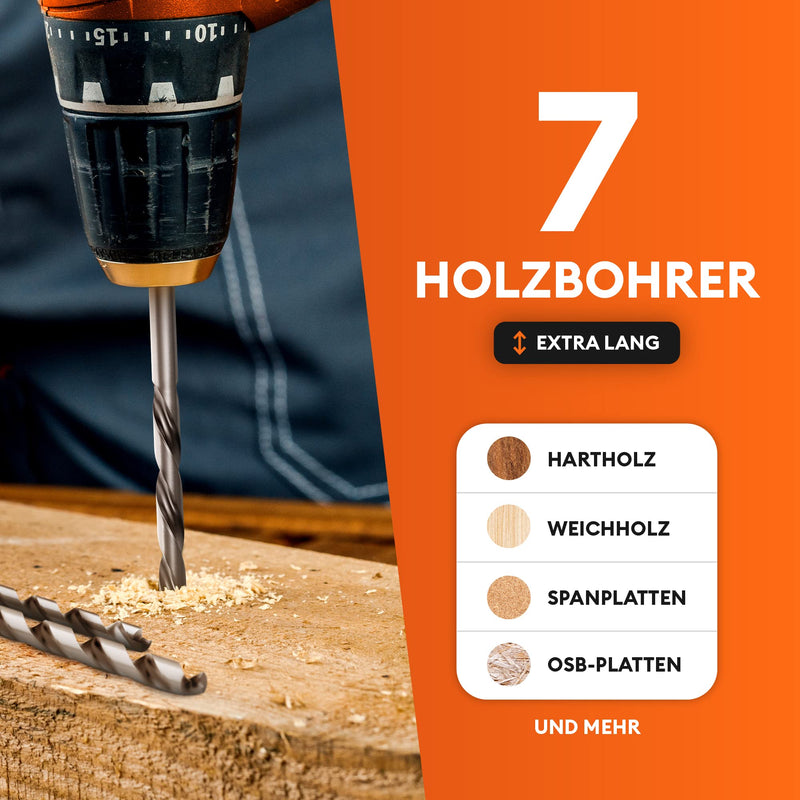 MEISTERGRIFF® wood drill set long [7 pieces] - Extra sharp drill bits - Stable & break-resistant auger drill bit - Ø 4, 5, 6, 7, 8, 10, 12 mm 230 mm