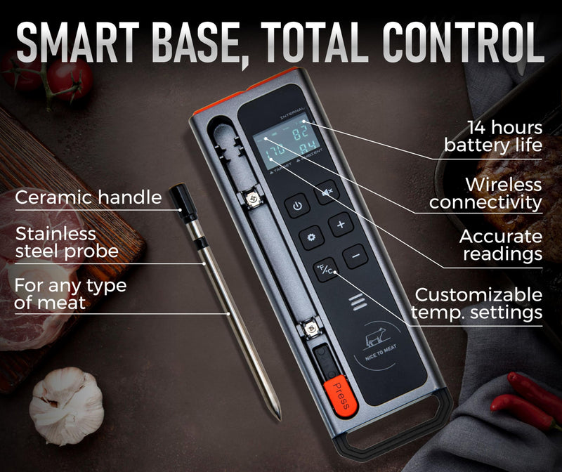 WiFi and Bluetooth Meat Thermometer Digital Wireless - Long Range Connection with Built-in Temperature Display, Meats Probe, Bluetooth Digital Wireless Meat Thermometer for Grilling, Smoking, Cooking