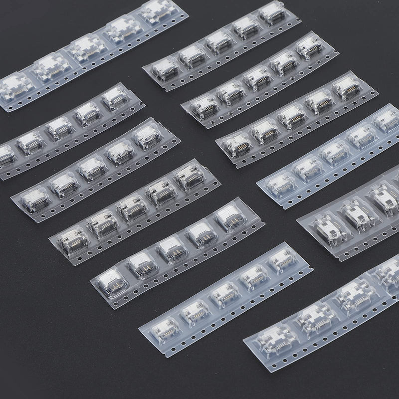 USB SMD connectors, 12 types, 60 pieces, stainless steel micro USB connectors, solderable, stable and trouble-free