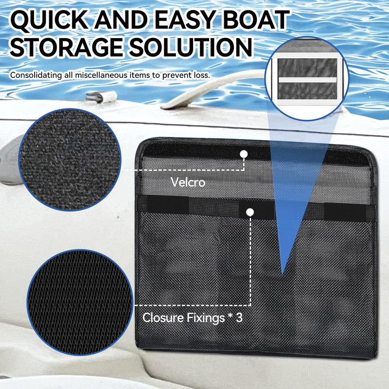 Boat Storage Bag, Boat Storage Caddy Organizer, Reflective Leak-Proof Mesh Bag with Lid, Adhesive Mount, 13.4"x9.8", for Gloves, Flashlight