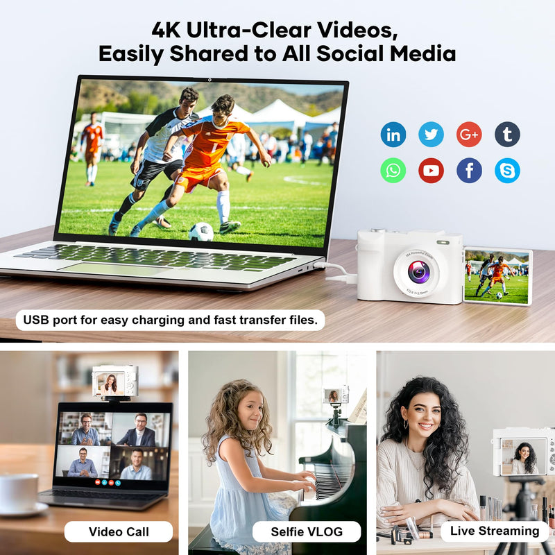 4K Digital Camera for Photography, Small Vlogging Camera with Flip Screen for YouTube, 50MP 16X Zoom, Portable Travel Cameras with 32GB SD Card for Beginners(White)