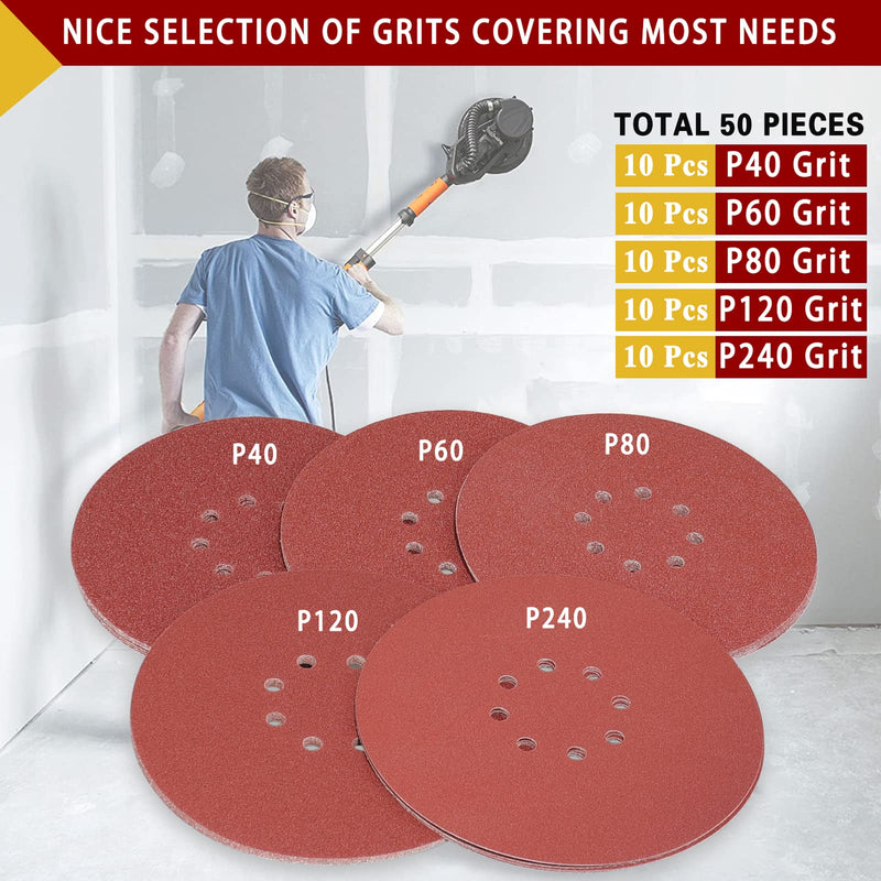 STEBRUAM sandpaper 225 mm Velcro, sanding disc 50 pieces 225 mm sanding discs for drywall sander sanding giraffe long neck sander sanding giraffe grit 10x P40/60/80/120/240 8 hole round 50 pieces - 40, 60, 80, 120, 240 grit